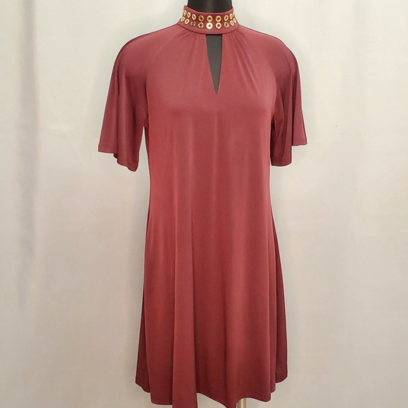 Michael Kors Burgundy Dress Gold Studs Collard Elephant Ears Sleeves Size S - Picture 11 of 13